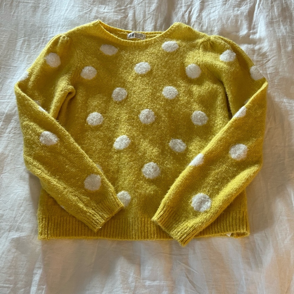 H&M fuzzy yellow sweater with white polka dots size 8-10.